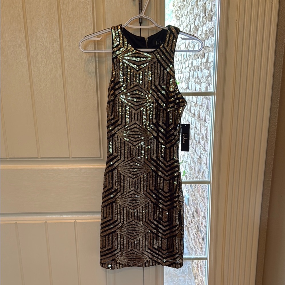 Lulu's Black and Gold Geometric Sequin Mini Dress
